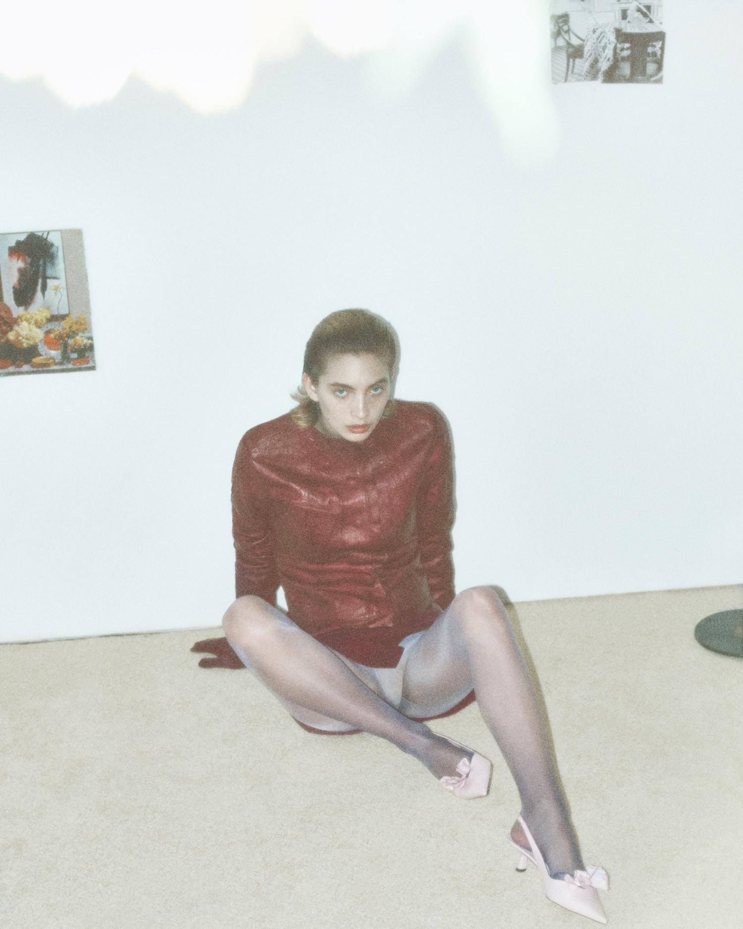 Acne Studios Red Leather Jacket and Skirt, Jimmy Choo Leather Slingback Pumps and Dents Suede Gloves Fashion Editorials