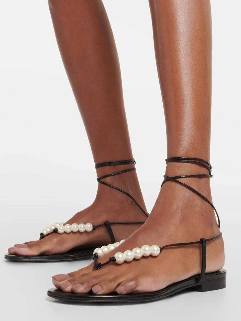 Faux-pearl embellished leather sandals in black - Magda Butrym  Mytheresa