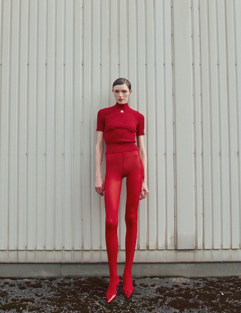 Courreges Red Turtleneck Top, Falke Red Tights, MANGO Red Slingback Pumps