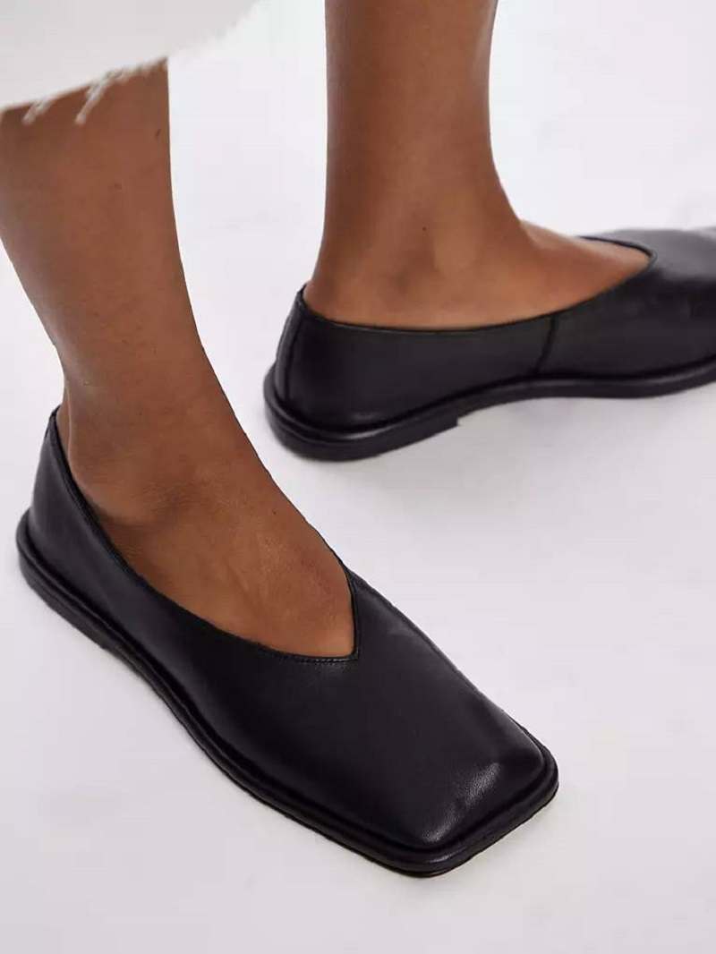 Topshop Charlotte leather square toe unlined flat shoes in black  ASOS